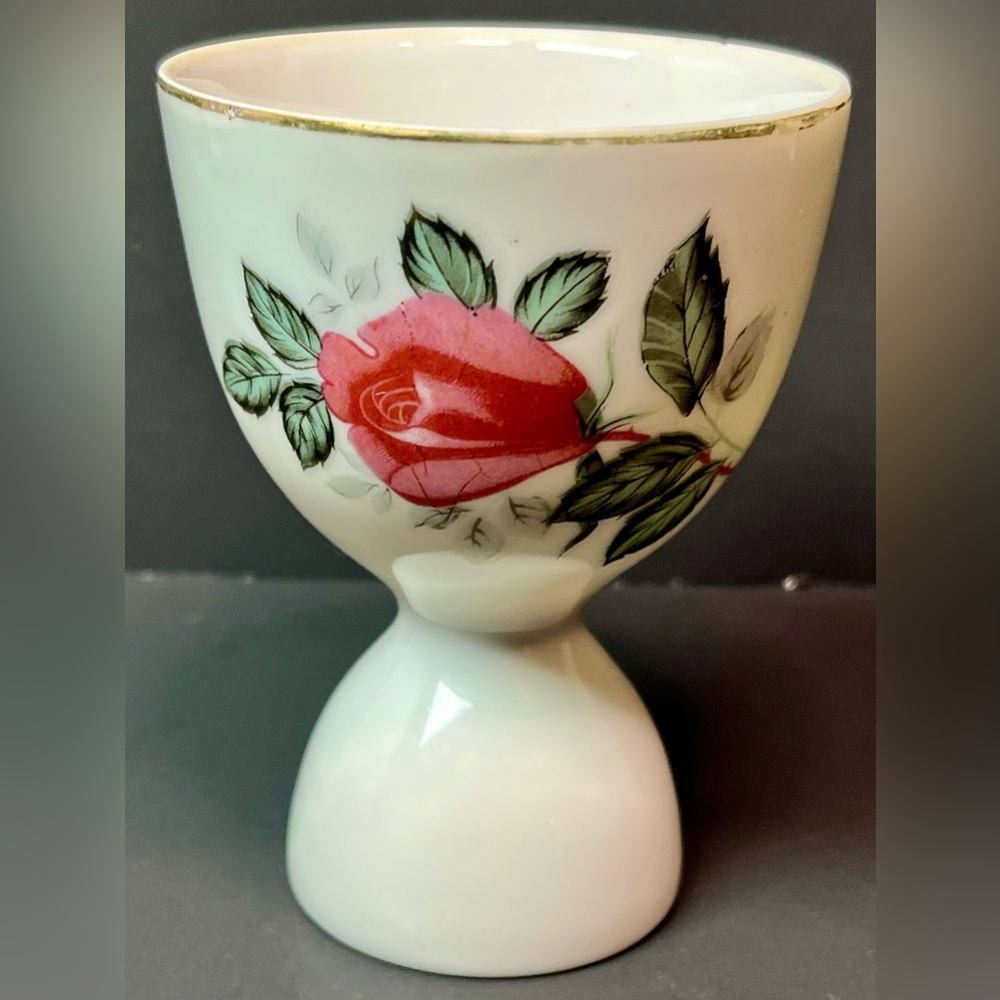 Transferware Egg Cup White With Pink Rose And Gold Around Edges Very Pretty